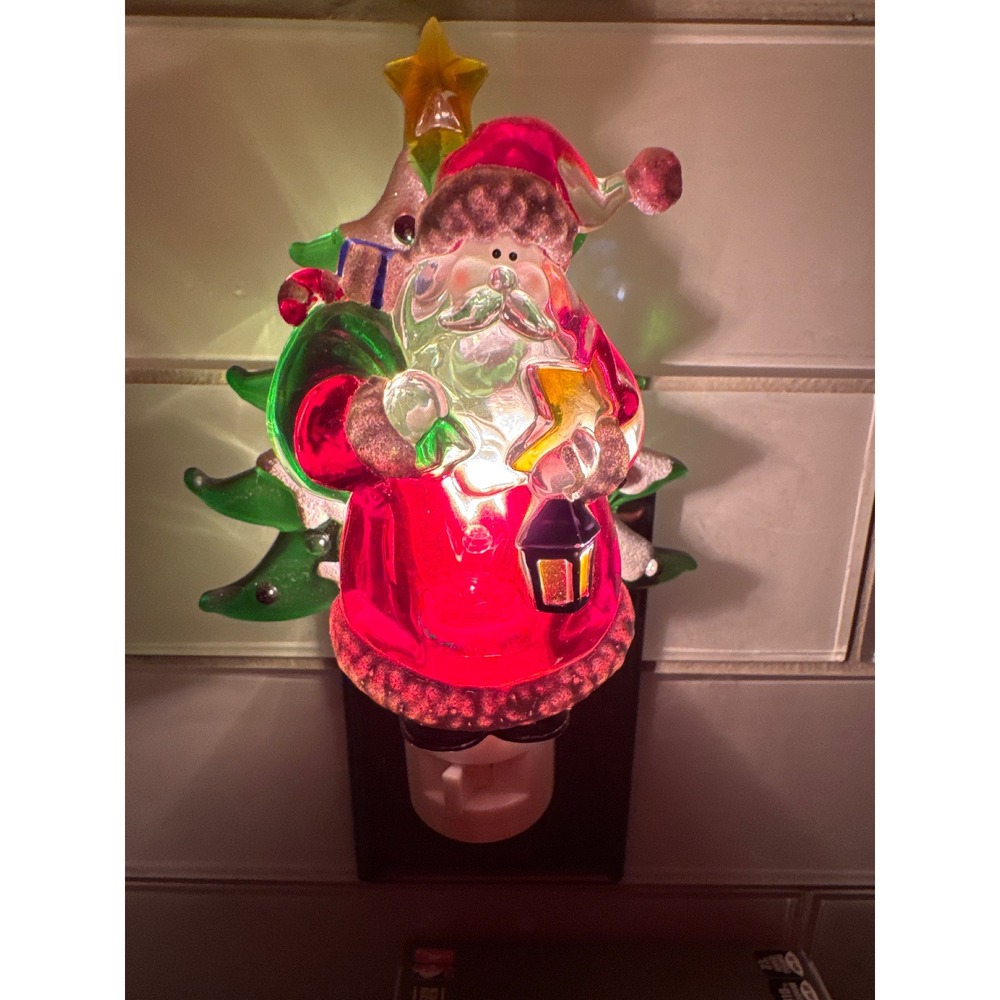 Santa Claus with Christmas Tree Glass Night Light Plug-In Holiday Decor